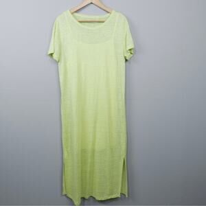 MOD REF Linen T Shirt Midi Dress‎ Sz S Neon Yellow Sheer Knit Side Slit Shift